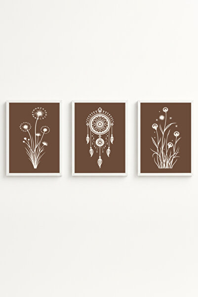 huhuli White Wooden Framed 3-Piece Mocha Moments Painting Huhu514