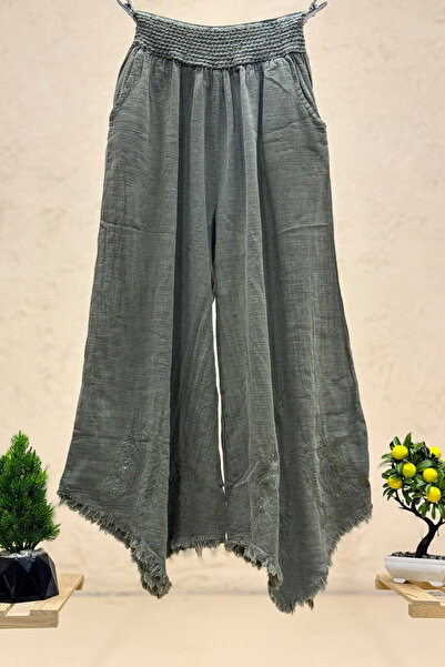 sahnemoda Paça Tüy Nakışlı Bol Paça Keten Pantolon