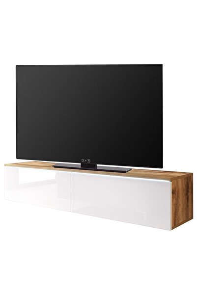 OEM Re-Bloom – Comodă TV LED 140x30x33 cm, Alb Lucios și MDF Stejar Wotan, LE...