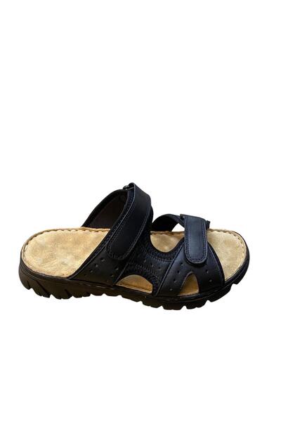 Teğmen Men's Flat Sole Orthopedic Massage Double Strap Genuine Leather Slippers