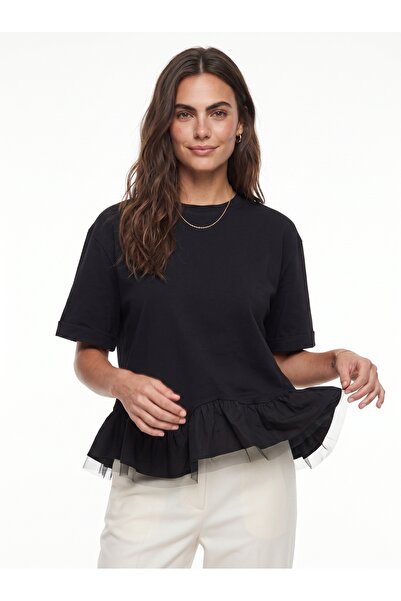ONLOOX Black Cotton Crew Neck Short Sleeve Oversize T-Shirt with Flounces at ...