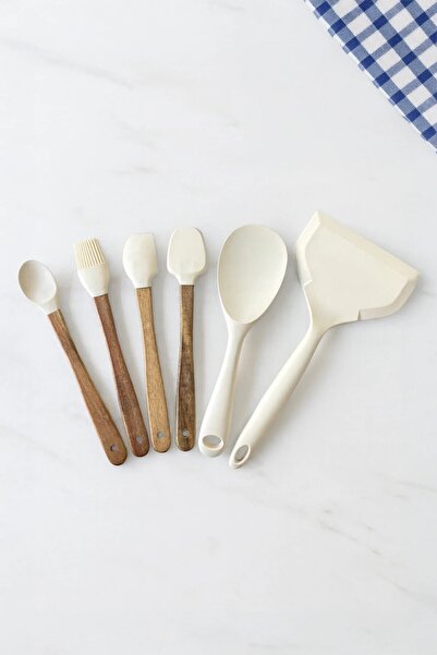 NESS HOME 6-Piece Silicone and Kitchen Utensil Set with Wooden Handles – Heat...