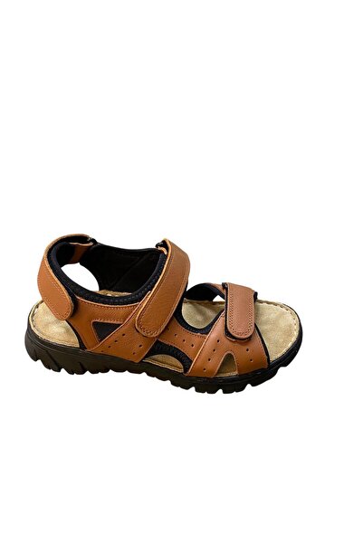 Teğmen Men's Flat Sole Orthopedic Massage Genuine Leather Double Strap Sandals