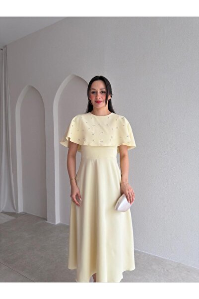 Mooi Butik TATE Φόρεμα Μίντι με Πέτρες και Μανδύα 4387 - Κίτρινο