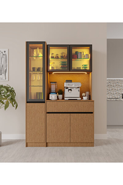 GuneyStore Bambu Midi Sol Vitrinli Komple MDF LED Aydınlatmalı Kahve Köşesi