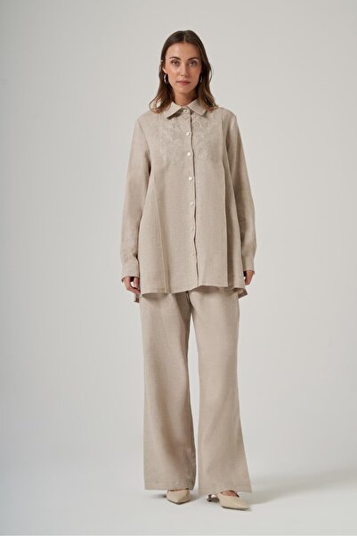 Nuss 1073 Embroidered Detail Linen Suit with Pants Natural