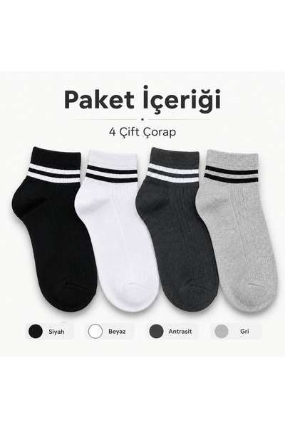 OUS 4’lü Çizgili Bilek Çorap Seti Siyah Beyaz Antrasit Gri Ribanalı Günlük Sp...