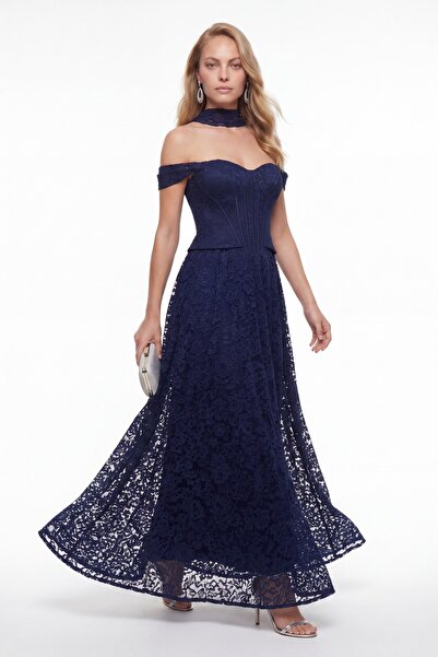 Lafaba Women's Navy Blue Boat Neck Underwire Long Lace Evening Dress