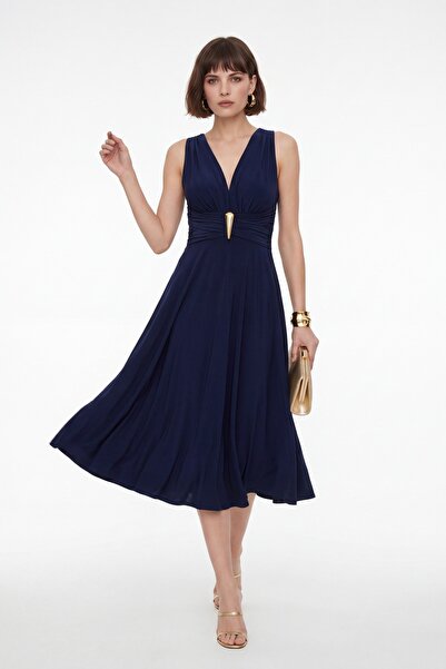 Lafaba Women's Navy Blue Backless Gold Accessory Detailed Midi Evening Dress
