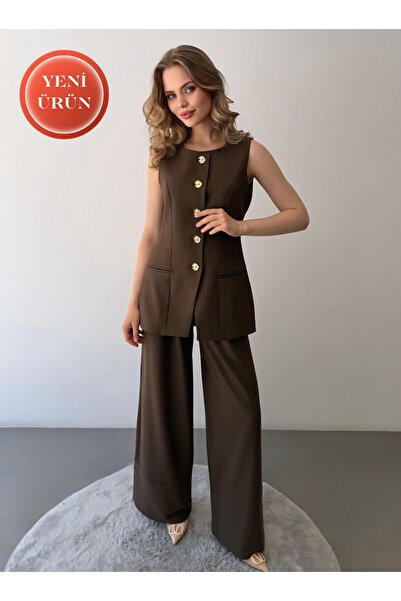 ossons Premium Striped Bitter Brown Gold Buttoned Vest Wide Leg Pants Set