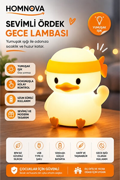 Homnova Sevimli Ördek Gece Lambası USB Şarjlı Dokunmatik LED Çocuk Lambası