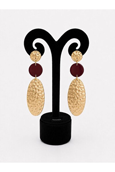 VYRELORA AKSESUAR Gold Vintage Desenli Bordo Sallantılı Küpe