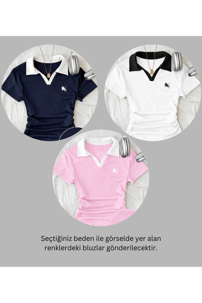 Gofeel 3 Lü Soul Renkli Polo Yaka Nakışlı Büzgülü Bluz