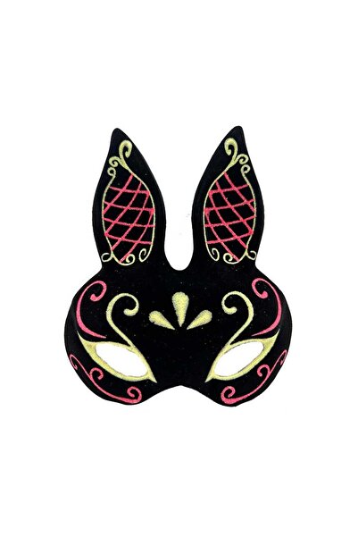 naque Black Color Red Gold Glitter Black Suede Coated Rabbit Mask 18X16 cm