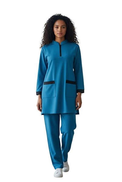 Peach Women's Housemaid Uniform Set with Tunic Top and Matching Trousers, Qua...