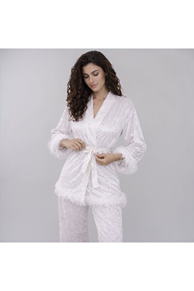 VELVIA Velvet Robe Pants Set with Feather Trims