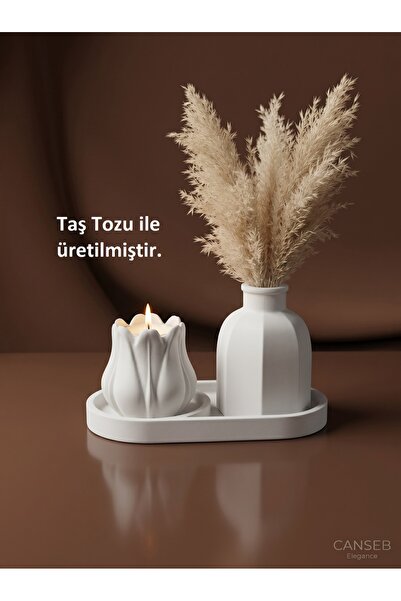 CANSEB Elegance Üçlü Mumluk & Pampas Vazosu Dekoratif Obje Seti ( Tealight Mu...