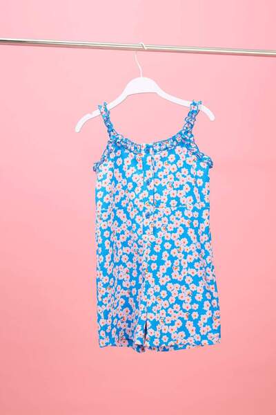 DeFacto Floral Patterned Short Jumpsuit with Wrinkled Straps for Baby Girl H4...