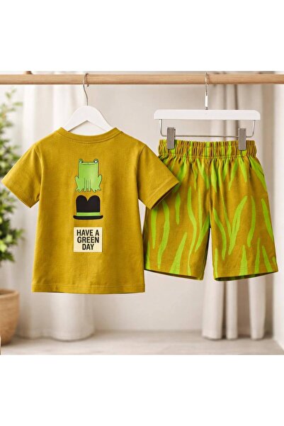 Mireya Kids Unisex Children's Cotton Khaki Frog Print T-Shirt Shorts Set