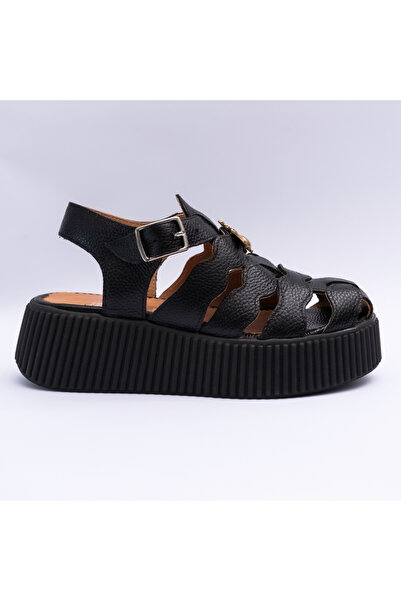 VAGAM Women 'Sandals Made of Genuine Leather , Black Buffalo