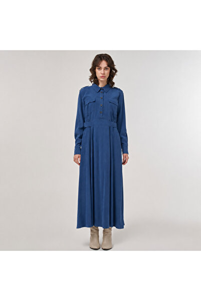 Kayra Women's Shirt Collar Pocket Detailed Elastic Waist Belted Rayon Long Dress