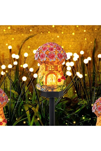 BaoBao Lampă decorativă solară LED de grădină, design ciupercă cu flori galbene, plastic rezistent.