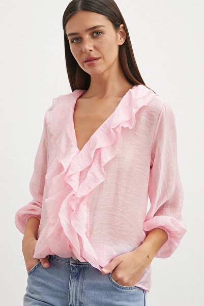 Never more Ruffled Front V-Neck Blouse Pink
