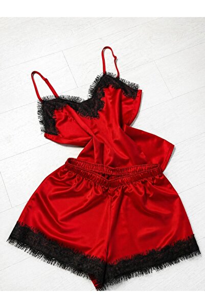 Sandrada SD Set Pijama Dama Satin Roșu cu Dantelă Neagră – Top Bretele + Pant...