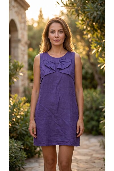 Punta Otantik Nc2104 Italian Ribbon Detailed Short Linen Dress Purple