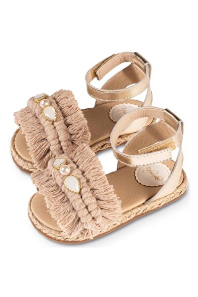Baby Walker Δερμάτινο Σανδάλι Εσπαντρίγια με Μακραμέ Χρυσό Μπεζ