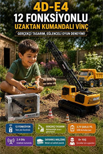 OpenCity 4D-E4 12 Fonksiyonlu Uzaktan Kumandalı Vinç Şarjlı Metal Paletli İş ...