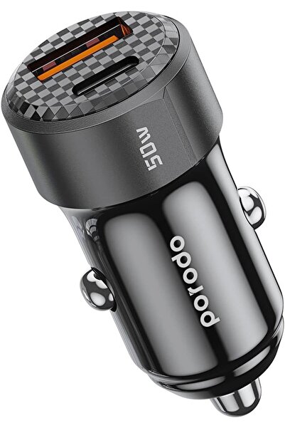 porodo Dual Port Car Charger 50W, 20W PD, 30W QC, Multi Protection, Carbon Fi...