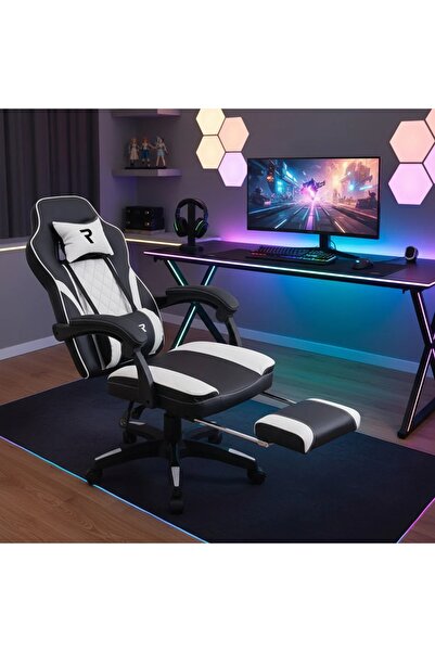 LedCorp Scaun de gaming profesional reglabil WF-6028 Negru și Alb cu suport p...