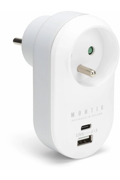 MONTIS Rozga≈Çƒô≈∫nik sieciowy pojedynczy + USB-A + USB-C bia≈Ço-szary MT147