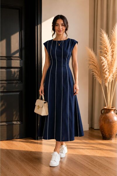 AyShop Brown Piping Linen Dress