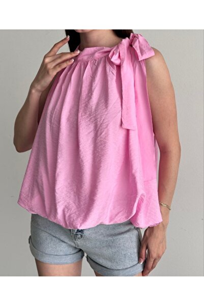 Lovely butik Bluză de damă cu guler halter, cu textură satinată, cu efect înc...