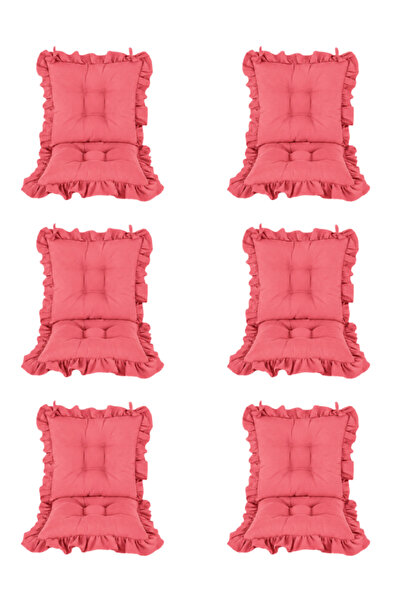 MİNDERHAN Backrest Fringed Chair Cushion 45X45 cm Set of 6 Salmon Pink Color