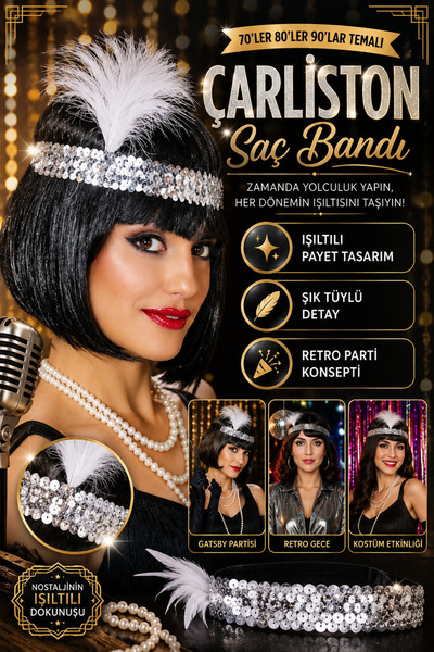 Tamsena Store Gümüş Payetli Çarliston Saç Bandı Tüylü Gatsby Parti Tacı 20’le...
