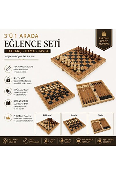 e-life shop Lüks Ahşap Klasik Katlanabilir 3’ü 1 Arada Satranç Dama Tavla Set...