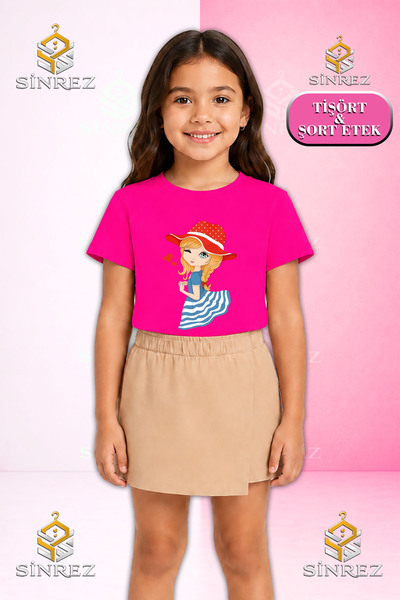 SİNREZ Girl's Set Girls' Blue Dress Krmz Hat Printed Short Sleeve T-Shirt Sho...