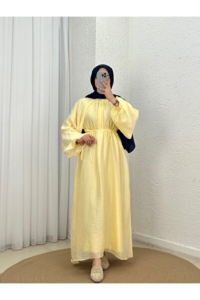 MİHRA STORE Ρωμαϊκό Φόρεμα με Μανίκια Μπαλόνια και Πλισέ Βουάλ -EK832 Κίτρινο