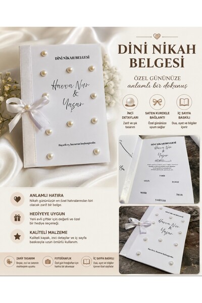 MİRAY FLOWERS HEDİYELİK Kişiye Özel İsimli Nikah Belgesi İnci Kurdele Süslemeli