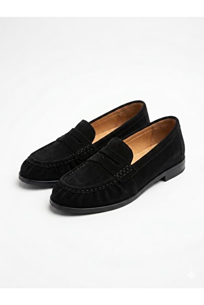 diclepolat Naty Black Suede Orthopedic Sole Genuine Leather Women's Loafer Shoes