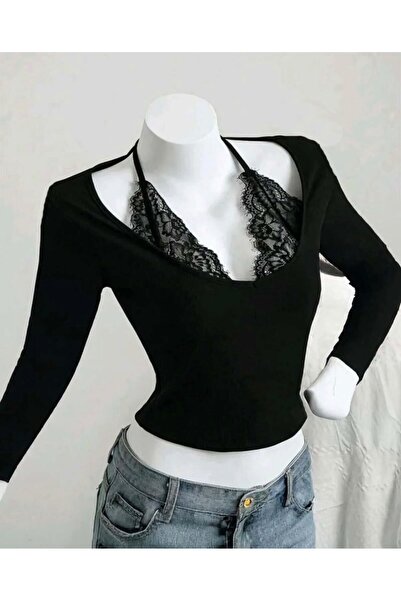 Pop Giyim Black Tie-Up Lace Attached Gothic Y2K Long Sleeve Blouse