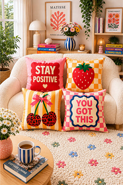 ayshome textile Ays Home Kiraz Desenli Pembe Sarı Ev Balkon Bahçe 4'Lü Kırlent Kılıfı Seti