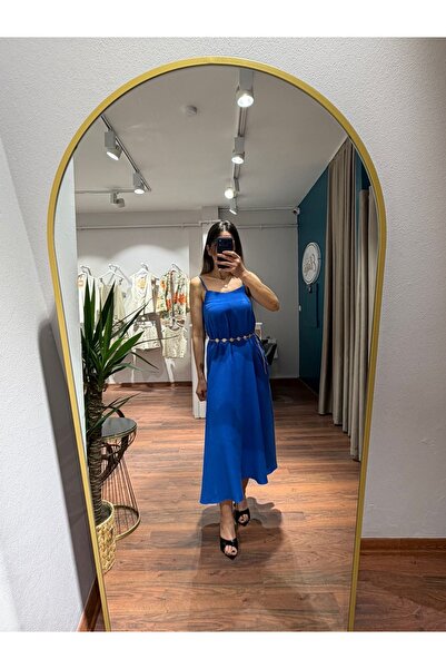 MODA Mavi İnce Askılı Salaş Midi Elbise