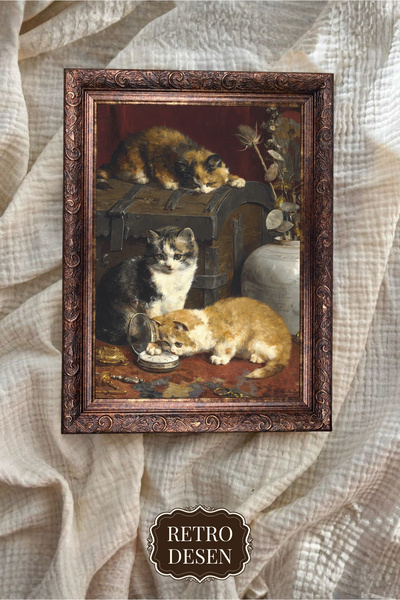 Retro Vintage Çerçeveli Tablo, Kedi Tablosu, Sanatsal Baskı, Duvar Dekoru, Ev...