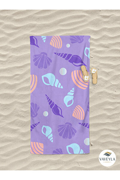Vaveyla Home Seashell Patterned Purple Digital Printed Beach Towel Cotton Bea...