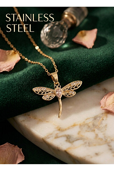 stainless steell 316L Steel Chain Gold Color Dragonfly Model Necklace