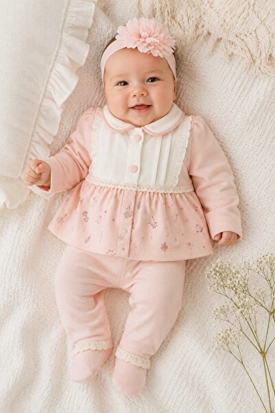 Pure Boutique Compleu elegant bebe fetita roz pudrat cu bentita si dantela 3 ...